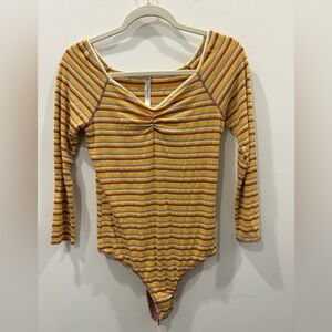 Free People Striped Ribbed Long Sleeve Bodysuit in Yellow, Purple, Cream